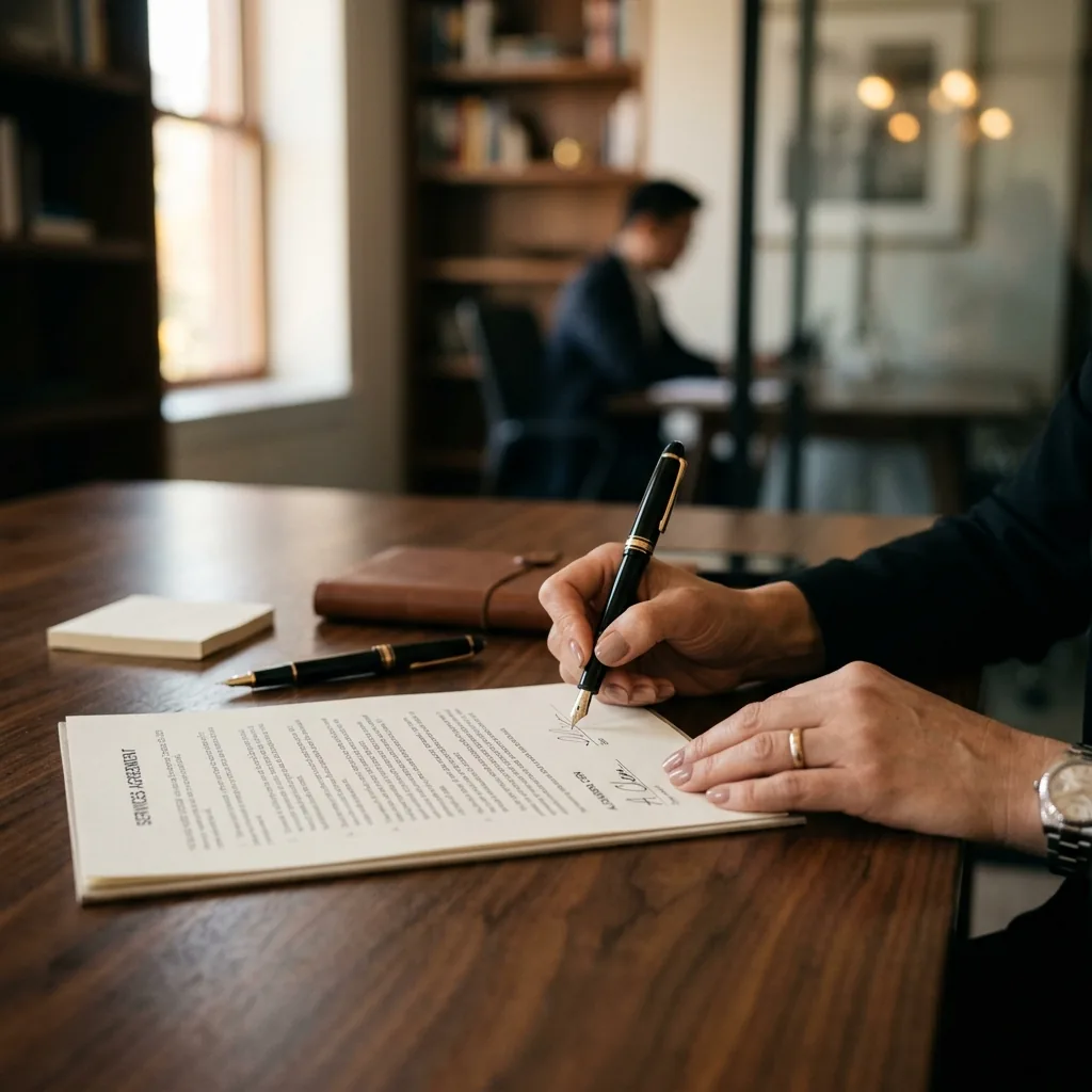 A business owner signing paperwork at a desk